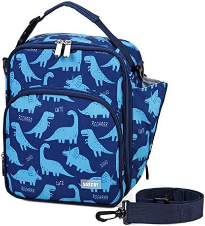  Lunch Boxes Bag For Kids, Insulated Lunchbox Reusable Containers For Boys With Detachable Shoulder Strap For School Blue Dinosaur