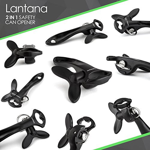  2 In 1 Safety Manual Can Opener (Smooth Edge) & Bottle Opener - Black/Stainless Steel