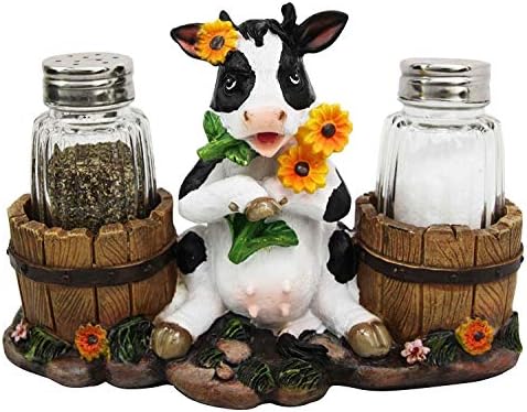 Lovely Sunflower Cow With Old Country Farm Milk Barrels Decorative Glass Salt Pepper Shakers Holder Resin Figurine 7" Wide