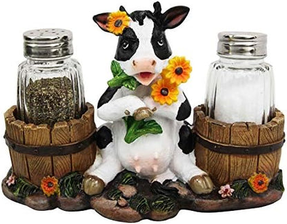  Lovely Sunflower Cow With Old Country Farm Milk Barrels Decorative Glass Salt Pepper Shakers Holder Resin Figurine 7" Wide