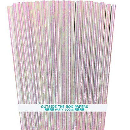  Iridescent Foil Paper Straws - White Pearl - Wedding Valentine Holiday Supply - 7.75 Inches - 100 Pack
