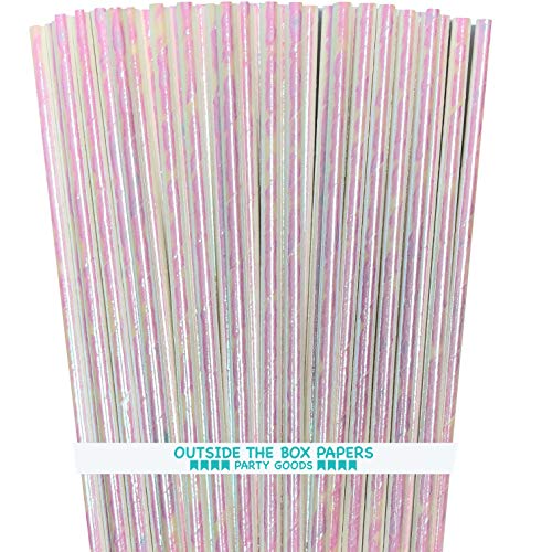  Iridescent Foil Paper Straws - White Pearl - Wedding Valentine Holiday Supply - 7.75 Inches - 100 Pack