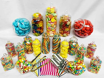  19 Retro Empty Plastic Sweet Jars, 2 Scoops, 2 Tongs And 100 Bags For Truly Sweet Candy Buffet Kit, Sweet Table (Aqua Candy Stripe)