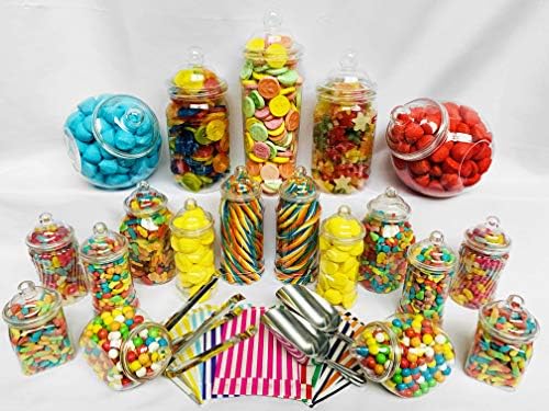  19 Retro Empty Plastic Sweet Jars, 2 Scoops, 2 Tongs And 100 Bags For Truly Sweet Candy Buffet Kit, Sweet Table (Aqua Candy Stripe)