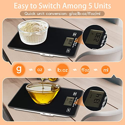 Kitchen Scale Digital Food Scale 10kg/22lb-USB Charging With Waterproof Tempered Glass Platform,for Weight Loss Cooking And Coffee With LCD Display High Accuracy (Black)