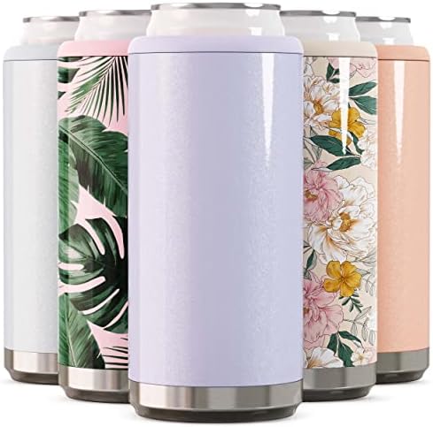  Skinny Can Cooler For Slim Beer & Hard Seltzer | Stainless Steel 12oz Sleeve, Double Wall Vacuum Insulated Drink Holder - Glitter Lilac