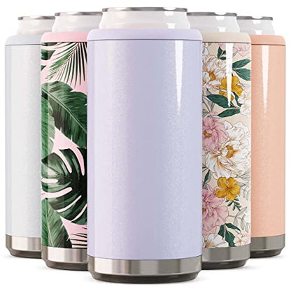  Skinny Can Cooler For Slim Beer & Hard Seltzer | Stainless Steel 12oz Sleeve, Double Wall Vacuum Insulated Drink Holder - Glitter Lilac