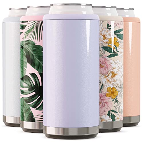  Skinny Can Cooler For Slim Beer & Hard Seltzer | Stainless Steel 12oz Sleeve, Double Wall Vacuum Insulated Drink Holder - Glitter Lilac