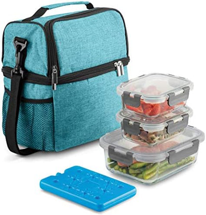  INEDINE Lunch Bag With Glass Containers - Insulated Lunch Box For Women And Men - Leakproof Locking Lids & Ice Pack - 2-Compartment Cooler Tote For Work (Black)
