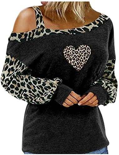  Meikosks Womens Off Shoulder Long Sleeve Tops Leopard Stitching T-Shirt Fashion Printed Blouses