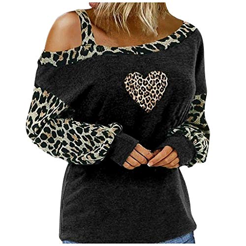  Meikosks Womens Off Shoulder Long Sleeve Tops Leopard Stitching T-Shirt Fashion Printed Blouses