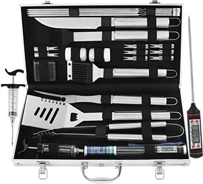  Grilljoy 24PCS BBQ Grill Tools Set With Meat Thermometer And Injector - Extra Thick Stainless Steel Fork, Spatula& Tongs - Complete BBQ Accessories In Aluminum Case - Perfect Grill Gifts For Men
