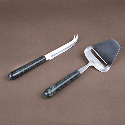  Genuine Green Marble 2 Piece Serving Set With Solid Marble Handle Includes Stainless Steel Cutter Slicer And Cheese Knife, 3" W X 9" L, Green