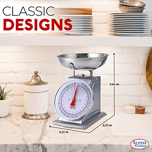  Alpine Cuisine Stainless Steel Analog Kitchen Scale Silver - Mechanical Kitchen Weighing Food Scale Weighs Up To 22 Lbs, Analog Food Scale For Kitchen - Measures Grams And Ounces - Food Weight Scale