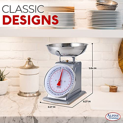  Alpine Cuisine Stainless Steel Analog Kitchen Scale Silver - Mechanical Kitchen Weighing Food Scale Weighs Up To 22 Lbs, Analog Food Scale For Kitchen - Measures Grams And Ounces - Food Weight Scale