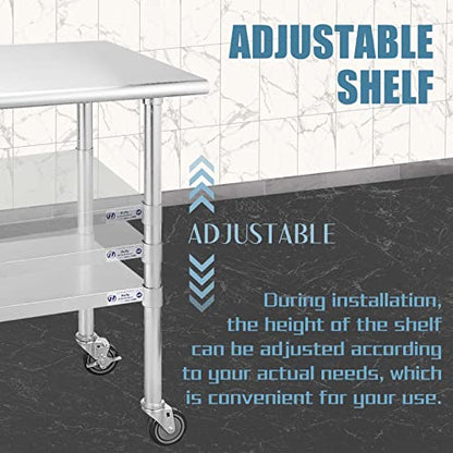  Ally Stainless Steel Table For Prep & Work 30 X 60 Inches With Caster Wheels, NSF Commercial Heavy Duty Table With Undershelf And Galvanized Legs For Restaurant, Home And Hotel
