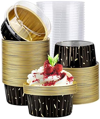  Disposable Ramekins, Gold 50pcs 5oz Mini Aluminium Foil Baking Cups With Lids Creme Brulee Cupcake Liners, Desert Cheesecake Pans Flan Molds Tin Cups Containers For Party Favor Birthday