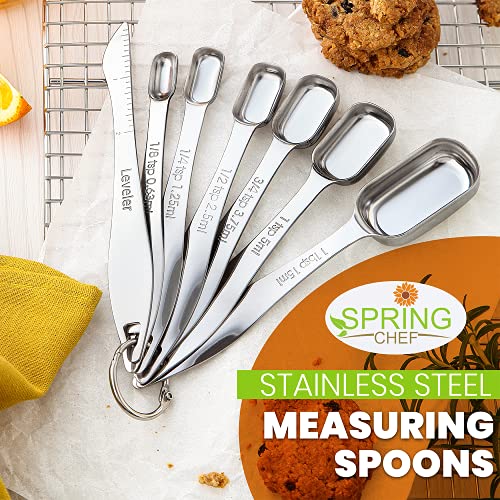  Heavy Duty Stainless Steel Metal Measuring Spoons For Dry Or Liquid, Fits In Spice Jar, Set Of 7 Including Leveler