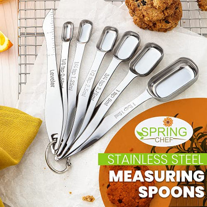  Heavy Duty Stainless Steel Metal Measuring Spoons For Dry Or Liquid, Fits In Spice Jar, Set Of 7 Including Leveler