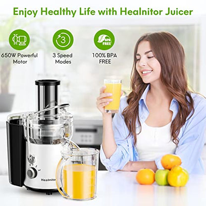  650W 3 Speeds Juicer Machines Vegetable And Fruit, Healnitor Centrifugal Juice Extractor With Big Mouth 3” Feed Chute, Easy To Clean, BPA-Free Compact Centrifugal Juice Maker, White