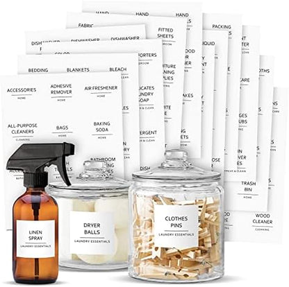  144 Minimalistic Laundry Room Labels For Glass Jars, Preprinted Linen Closet Stickers For Containers, Bathroom Organization, Cleaning Supplies (Black)