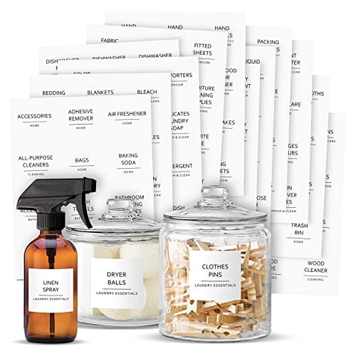  144 Minimalistic Laundry Room Labels For Glass Jars, Preprinted Linen Closet Stickers For Containers, Bathroom Organization, Cleaning Supplies (Black)