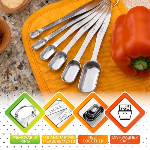  Heavy Duty Stainless Steel Metal Measuring Spoons For Dry Or Liquid, Fits In Spice Jar, Set Of 7 Including Leveler