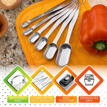  Heavy Duty Stainless Steel Metal Measuring Spoons For Dry Or Liquid, Fits In Spice Jar, Set Of 7 Including Leveler