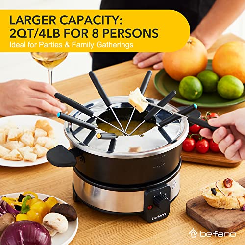  Befano Stainless Steel Fondue Pot With Temperature Control, Forks, Cups, And Rack, 2-Quart, Non-Stick, Perfect For Chocolate, Cheese, Caramel, Marshmallows, Great For Valentine's Day