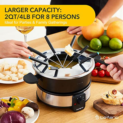  Befano Stainless Steel Fondue Pot With Temperature Control, Forks, Cups, And Rack, 2-Quart, Non-Stick, Perfect For Chocolate, Cheese, Caramel, Marshmallows, Great For Valentine's Day
