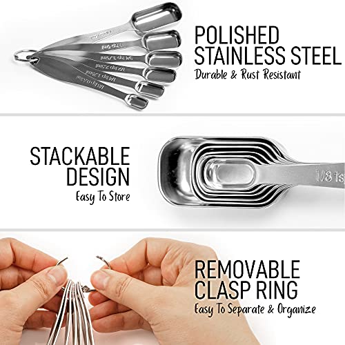  Measuring Spoons Set - 6 Piece Stainless Steel Measuring Spoons - Easy To Read, Etched Markings & Slim Design For Narrow Spice Jars - Heavy Duty Tablespoon Measure Spoon With Removable Clasp