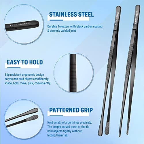  Long Tweezers 12 Inch – Cooking Tweezers Black Stainless Steel Kitchen Tweezers Tongs For Cooking, BBQ Cooking Tongs, Pet Feeding, Repairing, Arts And Crafts - Pack Of 2