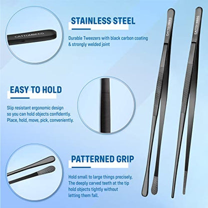  Long Tweezers 12 Inch – Cooking Tweezers Black Stainless Steel Kitchen Tweezers Tongs For Cooking, BBQ Cooking Tongs, Pet Feeding, Repairing, Arts And Crafts - Pack Of 2