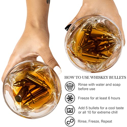  Whiskey Bullet Shaped Stones Gift Set For Men - 10 Bullets Chilling Stainless-Steel Whiskey Rocks - 11oz 2 Large Twisted Whiskey Glasses, Slate Coasters, Tongs - Premium Set In Pine Wood Box