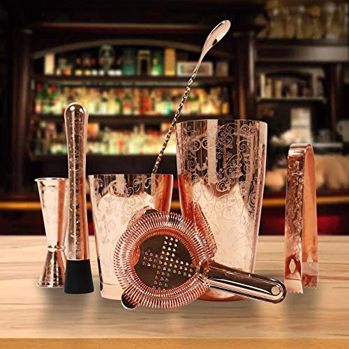  KY FISH Bartender Kit Cocktail Shaker Set-6 Pieces Stainless Steel Copper Plated Etching Bar Tools With Boston Shaker Tins,Mixing Spoon,Mojito Muddler,Jigger,Hawthorne Strainer ,Ice Tongs