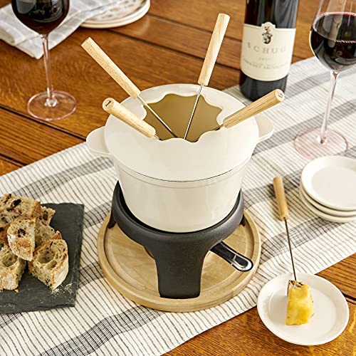  Twine Farmhouse Kitchen Enamel Cast Iron Fondue Set Cheese Melting Pot Metal Stand With Stainless Steel Forks And Chrome Gel Burner, 8.5", Off-Cream