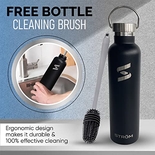  Trom 32oz Black Stainless Steel Water Bottle, Free Cleaning Brush, Plastic Free, BPA Free, Vacuum Insulated, 32 Ounce Healthy, Double Walled, Thermos, All Metal