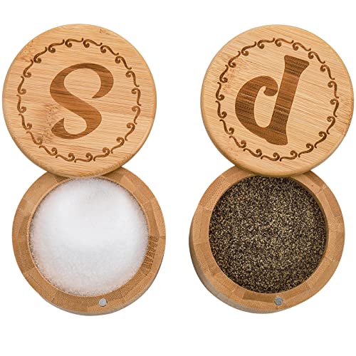 2 Pack Bamboo Salt And Pepper Holder Box With 2 Spoons, Spice Jars Containers, Seasoning Storage Box With Swivel Lid And Magnet Lock - 6 Oz Capacity