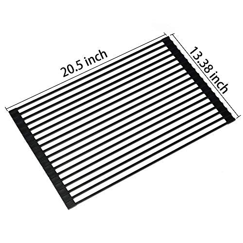  Large Roll Up Dish Drying Rack 20.5'' Silicone Over Sink Dish Drying Rack Cubic Silicone Wrapped Steel Solid Bars Dish Racks For Kitchen Counter Sink Drying Rack (Matte Black, Large20.5"Lx13"W)