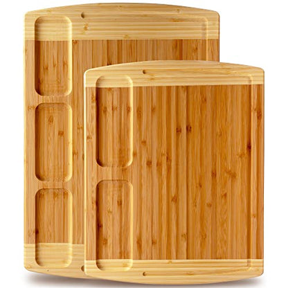  Organic Bamboo Cutting Board For Kitchen With Built-In Compartments And Juice Groove - Wooden Chopping Board For Meat, Cheese Charcuterie Board With Handles, (Medium And XL)