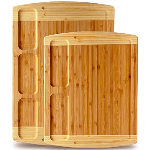  Organic Bamboo Cutting Board For Kitchen With Built-In Compartments And Juice Groove - Wooden Chopping Board For Meat, Cheese Charcuterie Board With Handles, (Medium And XL)