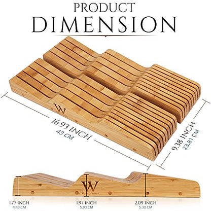  Bamboo Knife Drawer Organizer Insert - Kitchen Storage Holder For [18~26 Knives & 1~2 Honing Steel] Organization - Saves Countertop Space & Made Of Premium Quality Moso Bamboo