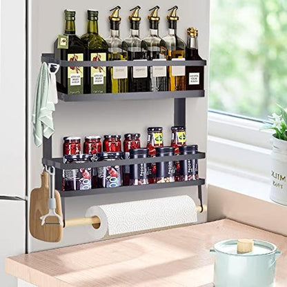  XIAPIA Magnetic Fridge Organizer Spice Rack With Paper Towel Holder And 5 Extra Hooks | 3 Tier Magnet Refrigerator Shelf In Kitchen Holds Up To 45 LBS | 16x12x4 Inch Black