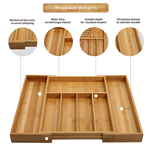 Bamboo Silverware Drawer Organizer Kitchen, Expandable Utensil Holder And Cutlery Tray With Divider | 13"-21.6" Flatware Storage And Removable Knife Block