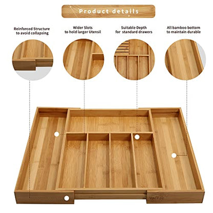  Bamboo Silverware Drawer Organizer Kitchen, Expandable Utensil Holder And Cutlery Tray With Divider | 13"-21.6" Flatware Storage And Removable Knife Block