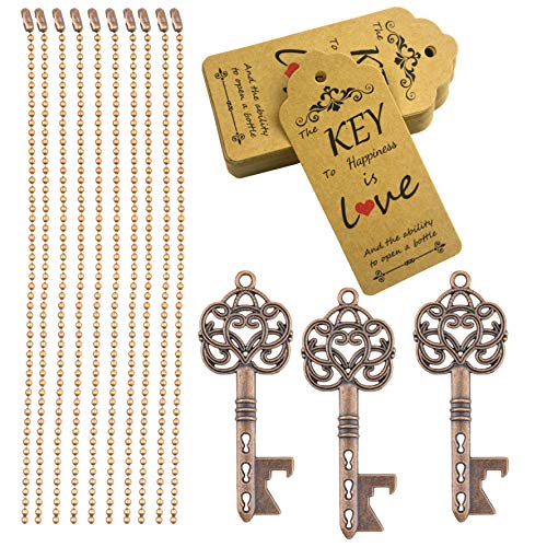  52pcs Vintage Skeleton Key Bottle Opener Wedding Party Favor Guest Souvenir Gift Set With Tag Card And Keychain(Antique Copper)