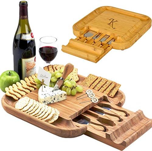  Ersonalized Monogrammed Engraved Bamboo Cutting Board For Cheese & Charcuterie With Knife Set & Cheese Markers- Designed & Quality Checked In USA