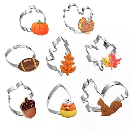  Fall Thanksgiving Cookie Cutters Set - 8 Pieces - Pumpkin, Football,Turkey, Maple Leaf, Oak Leaf,Squirrel ,Candy Corn And Acorn- Stainless Steel