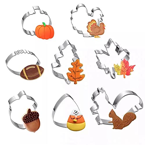  Fall Thanksgiving Cookie Cutters Set - 8 Pieces - Pumpkin, Football,Turkey, Maple Leaf, Oak Leaf,Squirrel ,Candy Corn And Acorn- Stainless Steel