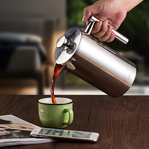  French Press 34oz, Double Insulated 304 Stainless Steel Coffee Press,Stainless Steel French Press With 5 Extra Fliters And 3 Additional Coffee Set(34oz, Sliver)